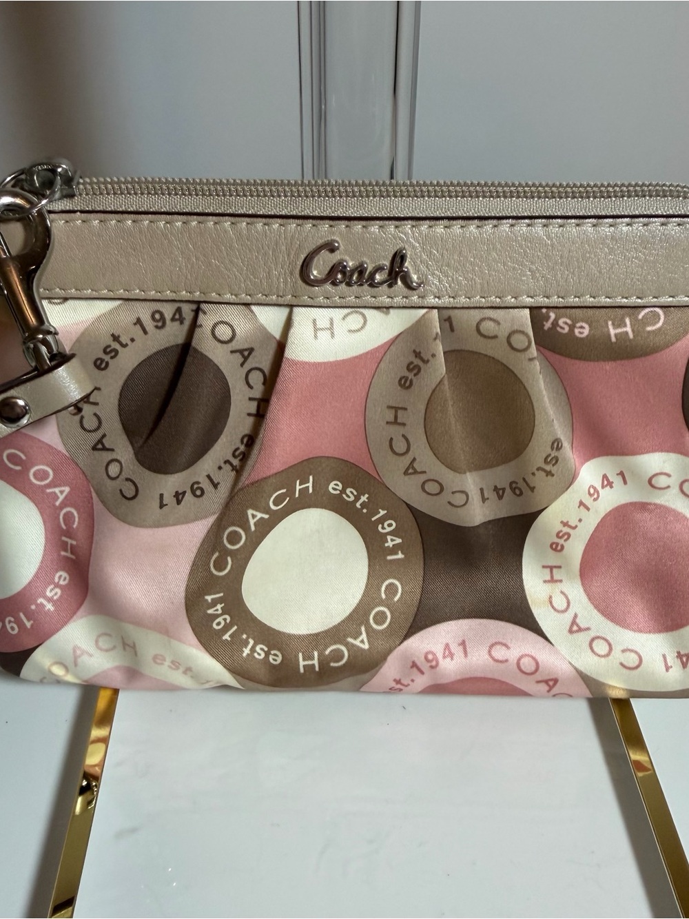 Coach Pink, Brown & Cream Signature Circle Wristlet
